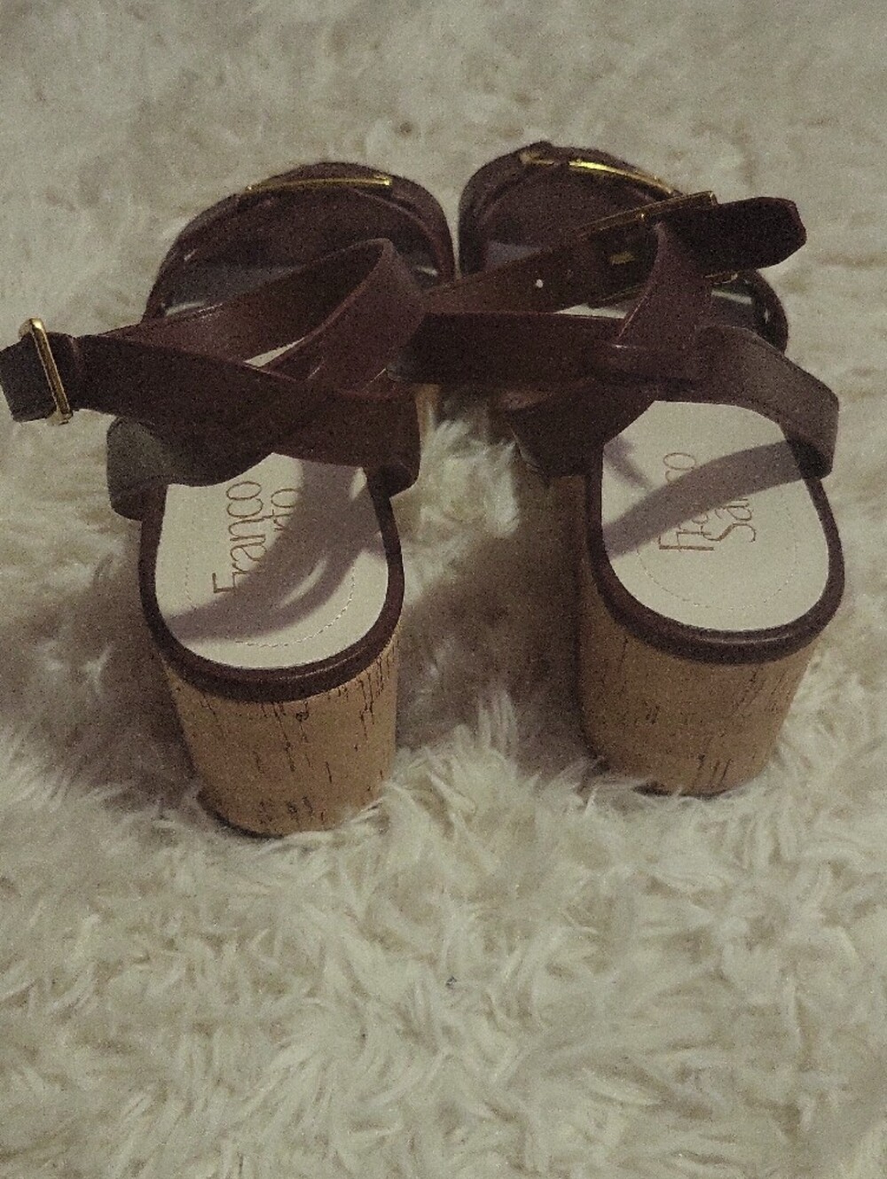 Franco Sarto Brown Leather Wedge Sandals with Gold Buckle Accents - Picture 5 of 8